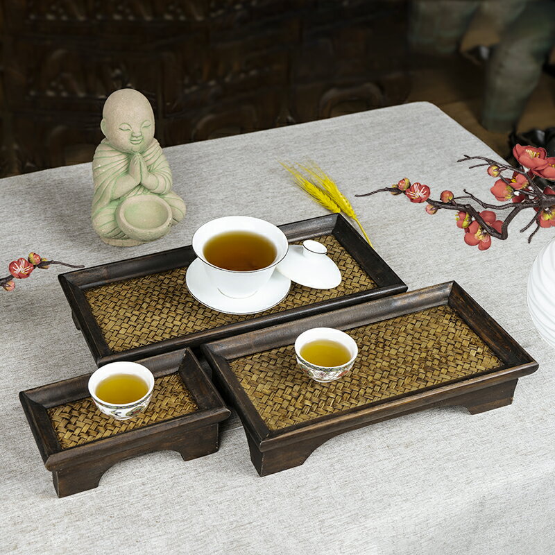 東南亞木質藤編托盤泰式水茶杯隔熱墊茶盤酒店會所復古收納水果盤