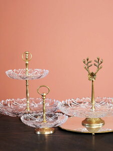 費靈家居黃銅把手歐式雕花玻璃果盤果簍 法式下午茶雙層盤甜點盤