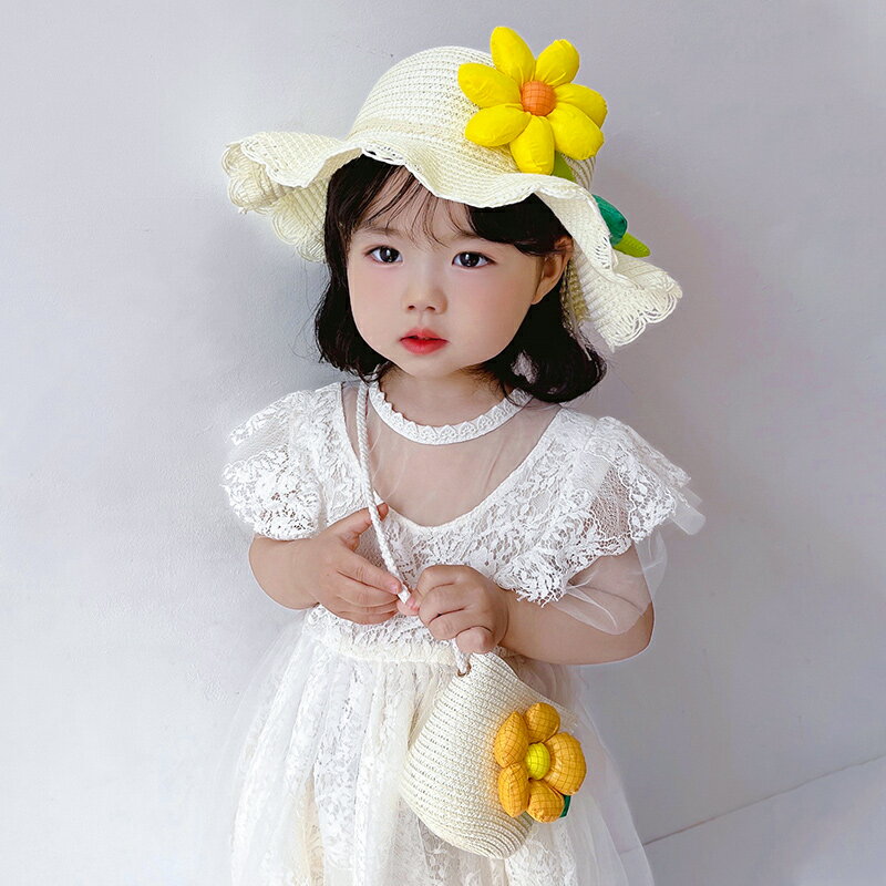 兒童遮陽帽子女夏季草帽零錢包包套裝女童防曬沙灘帽太陽帽漁夫帽