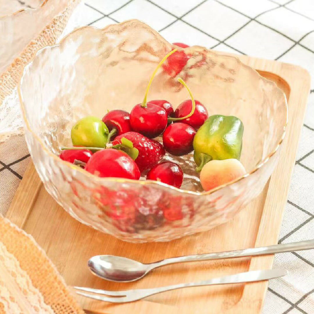 日式錘紋描金邊玻璃沙拉碗 北歐風透明水果盤簡約餐具家用甜品碗