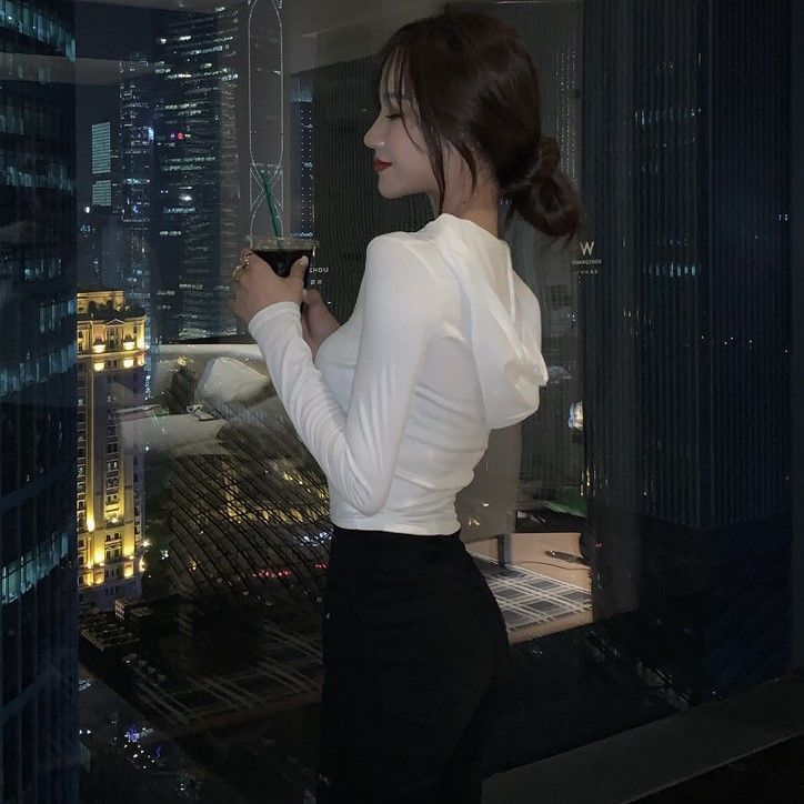 帽TV領t恤女緊身洋氣白色短款長袖心機打底衫顯瘦時尚上衣修秋冬新款【倪醬】