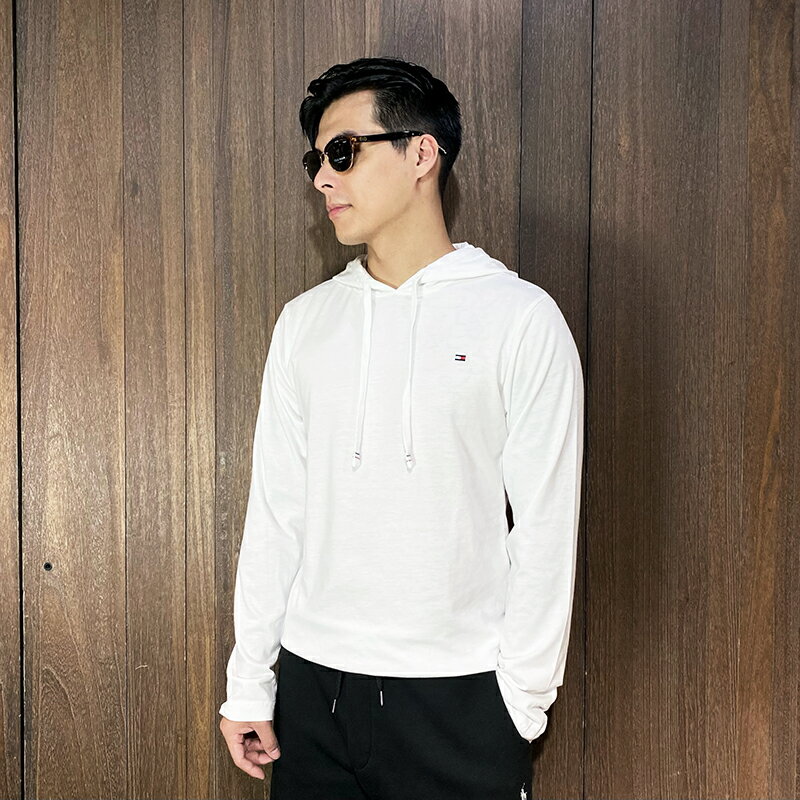 美國百分百【全新真品】Tommy Hilfiger 長袖 連帽 棉質 T恤 TH 上衣 帽T logo 長薄T 白色/深藍 AN01