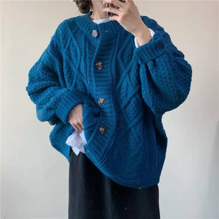 克萊因藍色麻花毛衣開衫外套女秋冬寬松慵懶風設計感小眾針織上衣