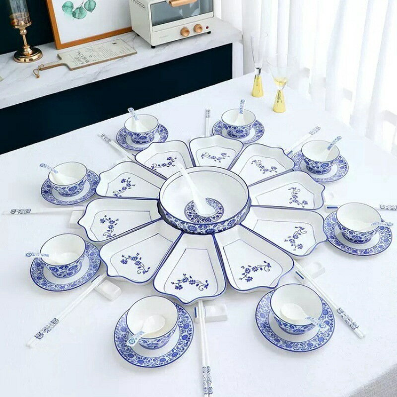陶瓷餐具 餐具組合 碗盤家用創意網紅拼盤套裝組合菜盤圓桌扇形盤子中式年夜飯陶瓷勺「限時特惠」