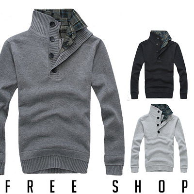 《Free Shop》Free Shop【QTJMY022】韓版假兩件式蘇格蘭格紋拼布立領排扣保暖毛衣針織衫‧三色