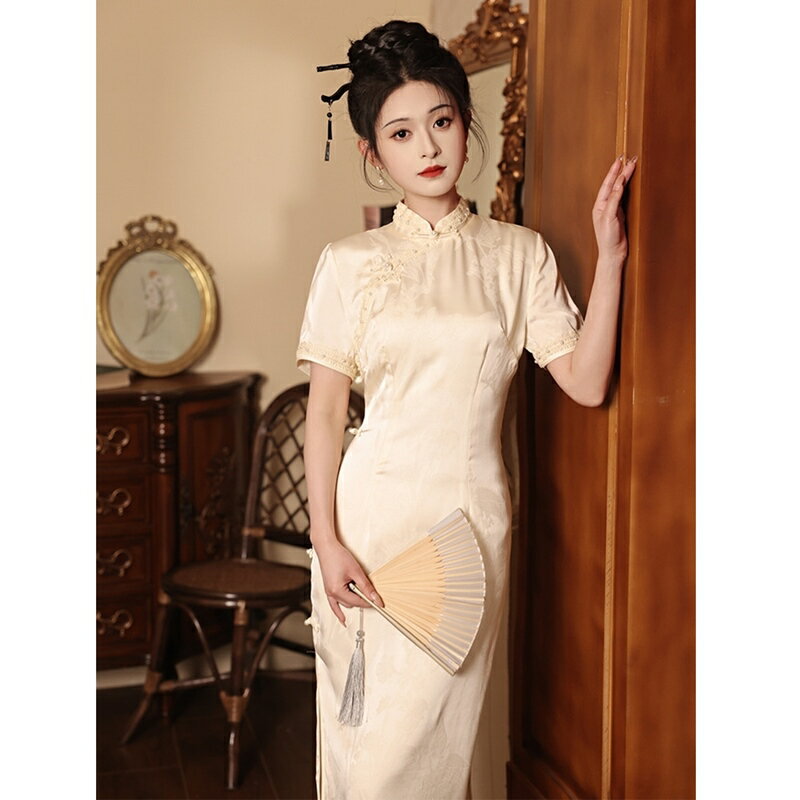 【巴黎精品】連身裙改良式旗袍-短袖提花蕾絲鑲邊女裙子a1gc41