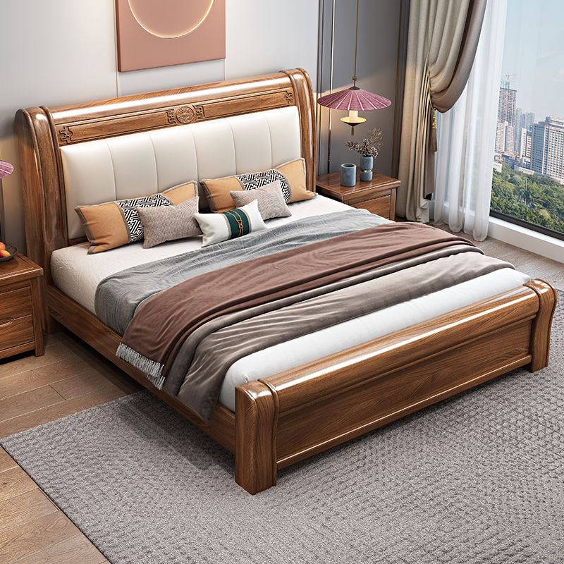 奢家胡桃木實木床1.8米中式現代簡約主臥1.5米軟靠大床儲物雙人床