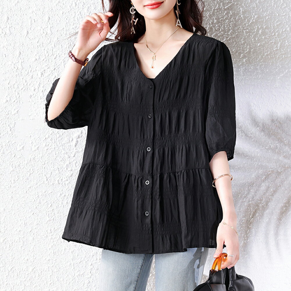 ＊ORead＊雪紡短袖的開襟收腰上衣(黑色M~4XL)