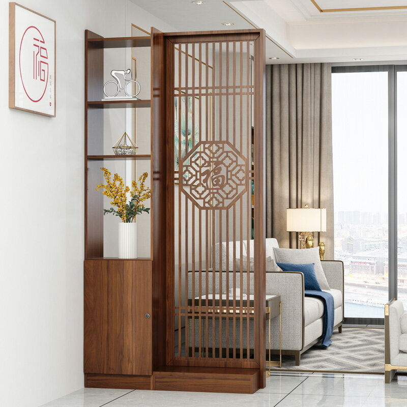 新中式 屏風 隔斷 客廳 玄關 櫃 木質 裝飾架 入戶 一體 鏤空 臥室裝飾櫃