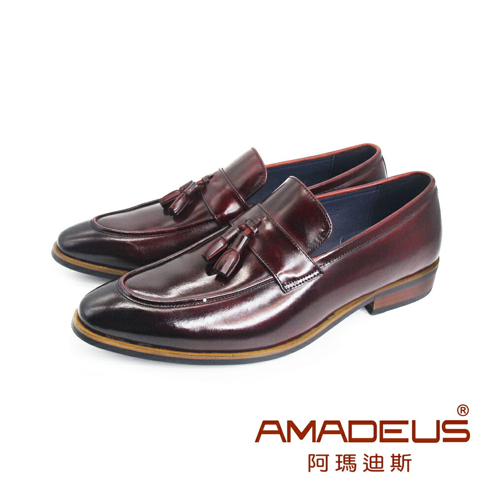AMADEUS(男)牛皮尖頭時尚紳士樂福皮鞋 男鞋-酒紅色
