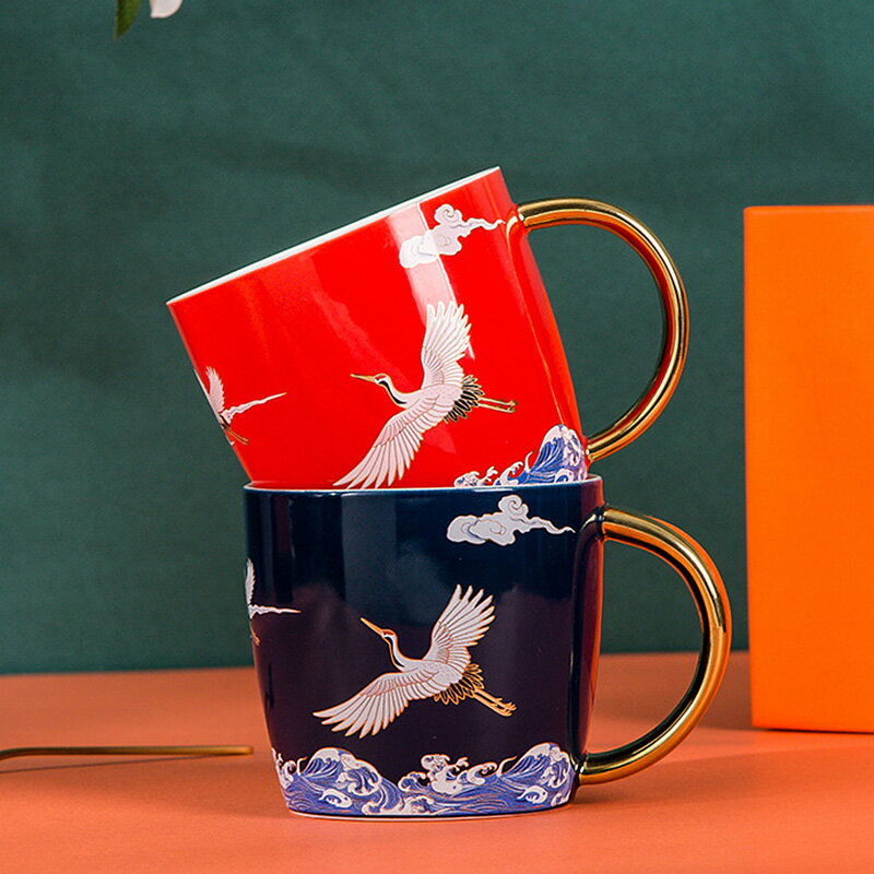 文化創意陶瓷杯子馬克杯咖啡杯帶勺情侶水杯一對國潮簡約中式禮品