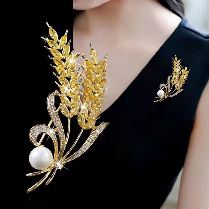 鑲鑽水晶麥繐胸針 女西裝胸針配飾 金色麥繐胸針 珍珠胸針扣針 襯衣西裝搭配配飾 衣服配飾胸針 高檔胸針女 胸針植物花卉女