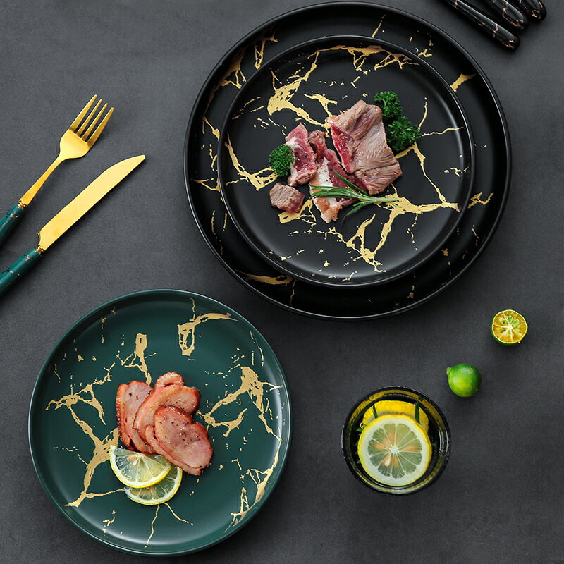 石紋牛排餐盤子創意網紅西餐餐盤家用北歐早餐具ins牛扒盤圓形