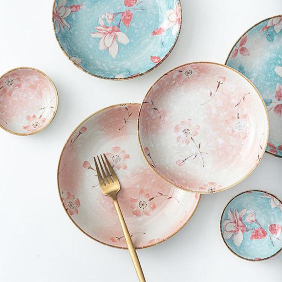 個裝日式盤子菜盤家用創意陶瓷雪花釉餐具餃子盤圓形餐盤套裝