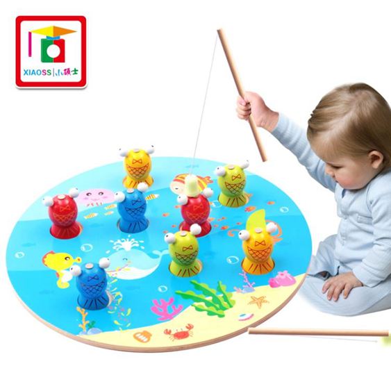 小碩士木制兒童釣魚玩具磁性益智釣魚小貓釣魚竿寶寶智力--歲