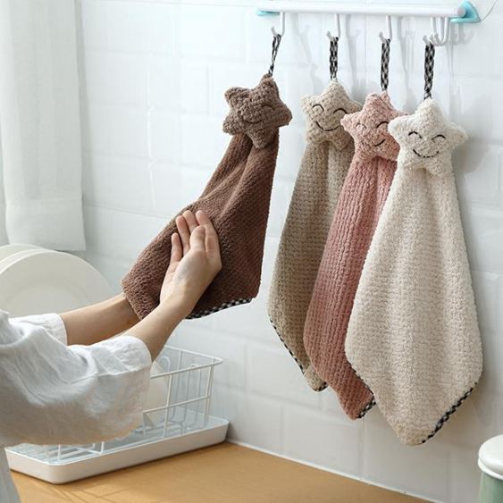 條裝珊瑚絨擦手巾卡通掛式擦手巾浴室廚房加厚吸水創意擦手掛巾