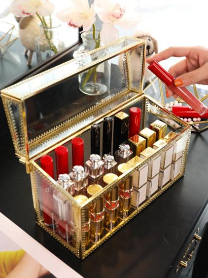 網紅歐式口紅收納盒女多格帶蓋奢華玻璃防塵金色復古化妝品整理盒 WD 領券更優惠