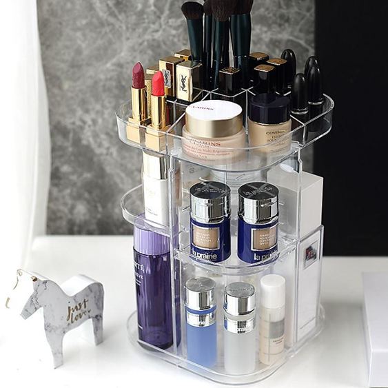 旋轉化妝品收納盒透明壓克力梳妝臺口紅護膚品桌面置物架美妝整理