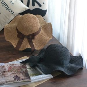 韓國手工編織波浪邊草帽蝴蝶結沙灘遮陽帽海邊度假拍照太陽帽子女