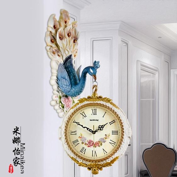 歐式掛鐘雙面錶鐘客廳時尚鐘錶創意個性孔雀裝飾藝術壁掛靜音掛錶jy