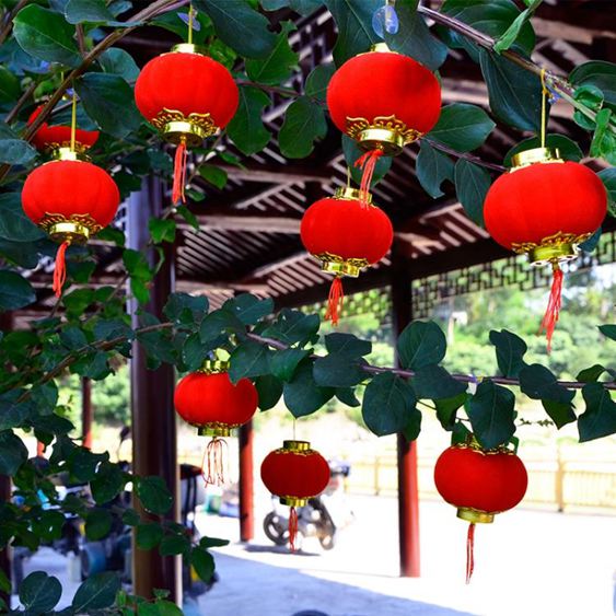 戶外植絨小紅燈籠掛飾過年用品新年春節商場景布置裝飾品盆景掛件科技