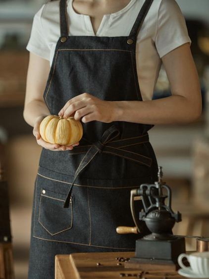 圍裙圍裙韓版時尚廚房成人定制logo包郵防油純棉咖啡廳牛仔工作圍裙女