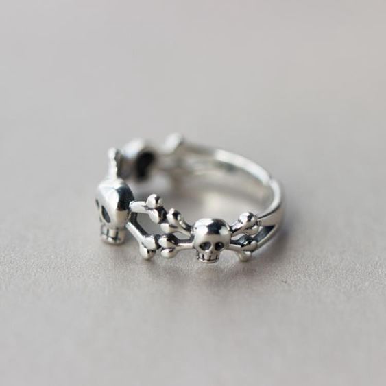 戒指愛洛奇925銀戒指女骷髏頭個性泰銀開口戒指指環氣質食指戒子