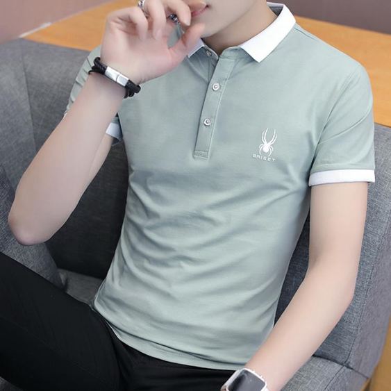 潮流韓版襯衫領短袖POLO衫新款有帶領短袖T恤男翻領衣服