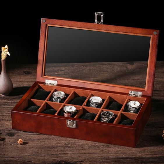 木質制天窗帶鎖扣手錶盒首飾品手串鍊收納藏儲物展示盒子