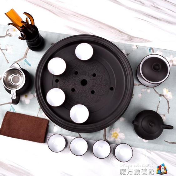紫砂功夫茶具套裝茶杯茶壺茶盤整套陶瓷茶具圓形茶洗蓄水家用茶器