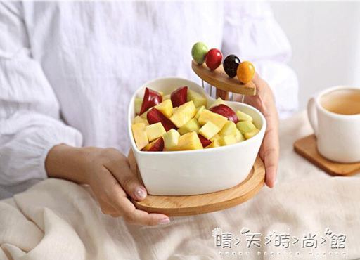 水果盤創意干果盤陶瓷沙拉碗帶叉家用水果盤碗北歐客廳糖果盤小吃點心盤