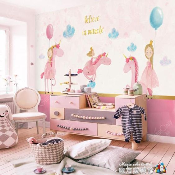 房墻紙現代簡約卡通北歐風粉色女孩臥室3d無縫無紡布網紅壁紙