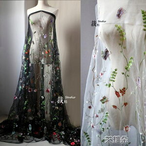 布料繁花設計師面料網紗植物花卉刺繡蕾絲花紋透視禮服連身裙布料