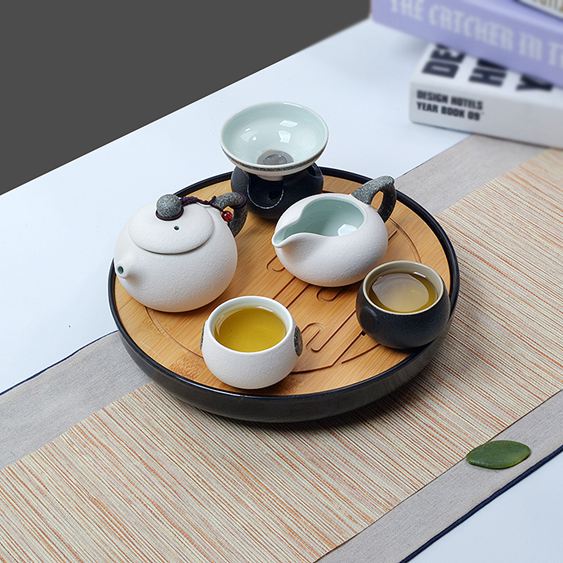 茶具整套日式黑陶旅行套裝陶瓷茶杯圓形小蓄水干泡盤一壺兩杯