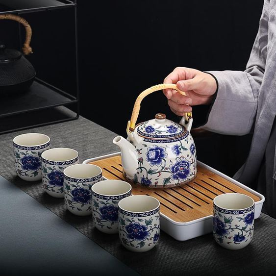 茶具中式提梁壺套裝家用復古青花冷水壺陶瓷茶壺簡約功夫干泡茶盤