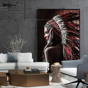 壁畫簡約現代客廳沙髮背景墻裝飾畫印第安羽毛大尺寸壁畫人物玄關掛畫