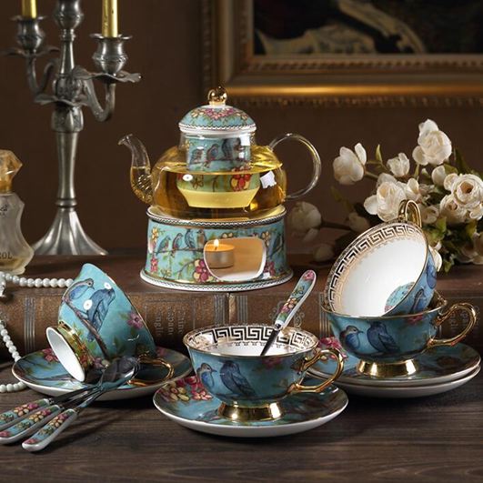 花茶杯套裝夢幻之藍田園風英式陶瓷玻璃具套裝蠟燭加熱茶壺帶過濾