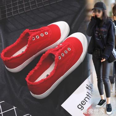 2020新款紅色帆布鞋女韓版ulzzang板鞋百搭一腳蹬懶人鞋平底女鞋