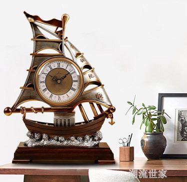 新款一帆風順客廳座鐘歐式帆船座鐘時尚家用擺件鐘錶田園臺式時鐘