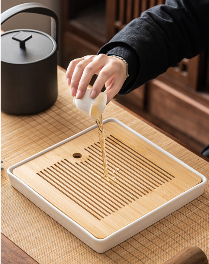 陶瓷干泡茶盤家用功夫茶具瀝水盤簡約儲水方形茶臺小型竹托盤