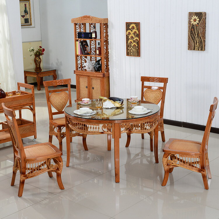 餐桌 亞格印尼藤餐桌椅圓形藤餐桌組合 實木餐桌椅