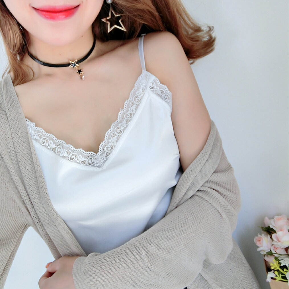 蕾絲花邊吊帶背心女韓國V領純色真絲緞面打底衫性感短款小內搭夏1入