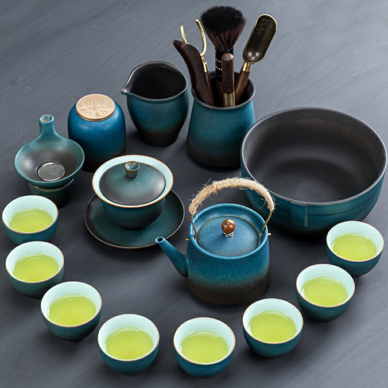 日式黑陶功夫茶具套裝家用陶瓷整套茶盤復古辦公室泡茶壺蓋碗茶杯