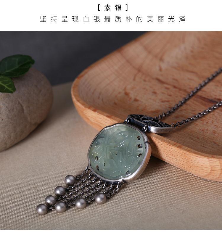 復古 鍍925銀毛衣鏈吊墜富貴玉竹鏤空做舊工藝流蘇長款項鏈女國風 7