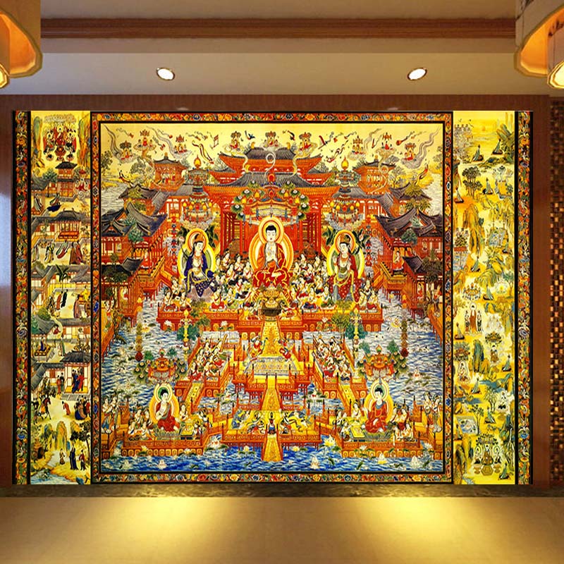 唐卡西方極樂世界桌布壁畫佛堂客廳酒店大型佛堂全景圖背景墻紙