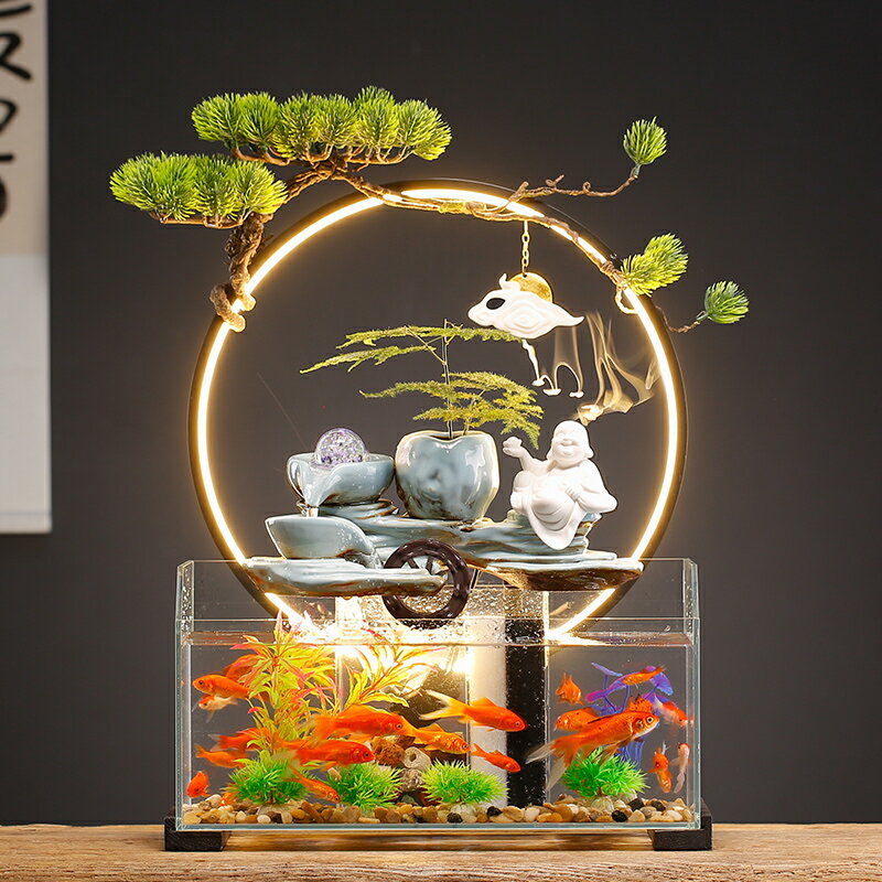 送禮禮品招財流水生財迴圈水生態玻璃金魚缸客廳桌面電視櫃擺件家用水族箱裝飾
