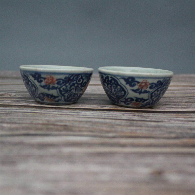 青花釉里紅纏子陶瓷杯子（一對）景德鎮仿古做舊茶具古玩收藏擺件