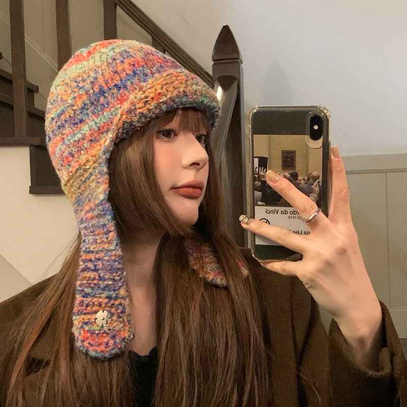 小眾復古手工針織帽女秋冬季毛線帽子撞色保暖護耳帽飛行帽雷鋒帽