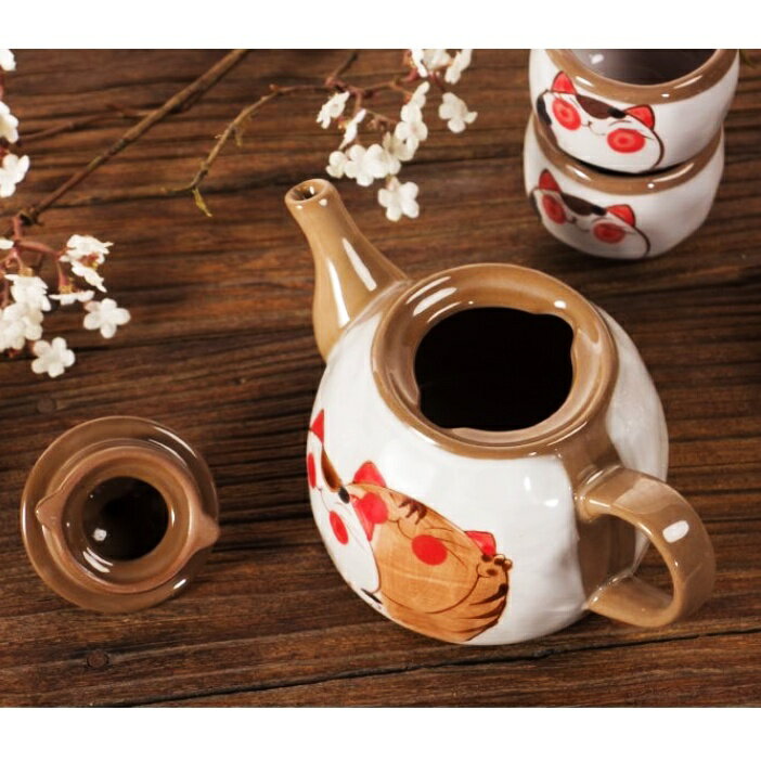 招財貓陶瓷手繪貓咪圖案茶壺組 招財貓茶壺 貓咪茶杯 泡茶用陶瓷茶壺 清酒杯 日式和風萌貓功夫茶杯 家用泡茶壺 陶瓷茶杯 茶具組 5