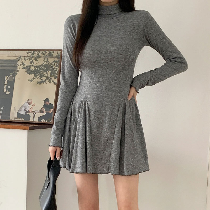 ANNAS 正韓顯身材高領傘裙洋裝 棉質彈性貼身洋裝 長袖高領洋裝 腰身顯瘦A字裙 性感合身素面 2